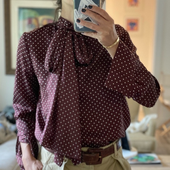 Zara burgundy and ivory polka dot long sleeve blouse - Picture 7 of 9